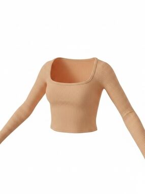 H&M Ribbed Square-Neck Long Sleeve Crop Top - Peach